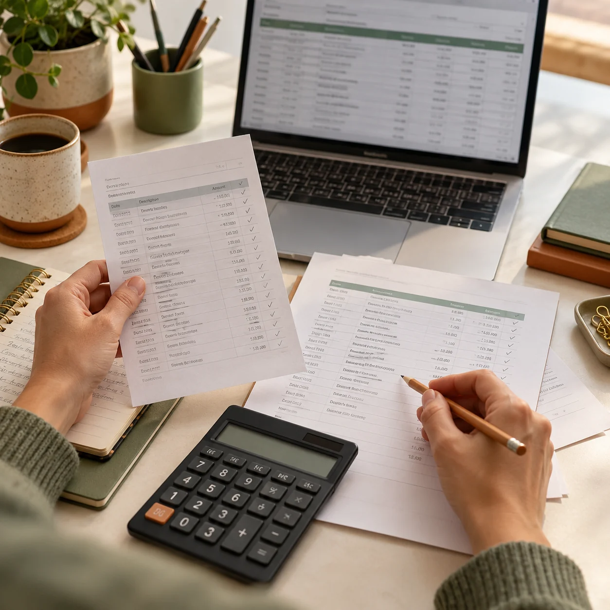 Illustrative bookkeeping workspace: hands checking transaction records beside a laptop ledger and calculator.